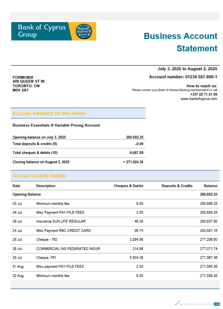Download Bank of Cypriot firm account statement Word and PDF format Photoshop template
